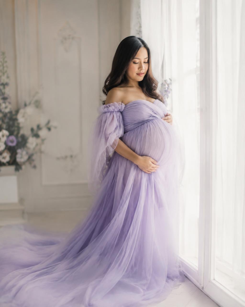 Fine art maternity session in a lavender gown